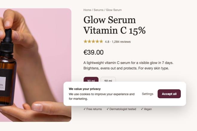 Example landing page: a serum product page with a cookie banner over the Add to cart button